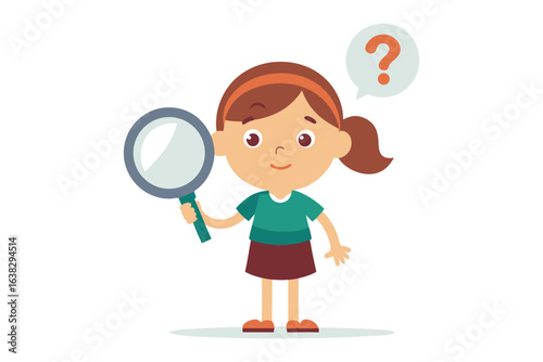 Inquisitive Discovery: A young person holds a magnifying glass, with a thought bubble hovering above her head, symbolizing curiosity, and the joy of exploration.