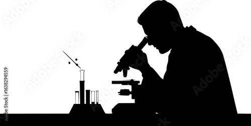 The Inquisitive Mind: A striking silhouette of a scientist peering intently through a microscope, representing the dedication and curiosity that drive scientific discovery.