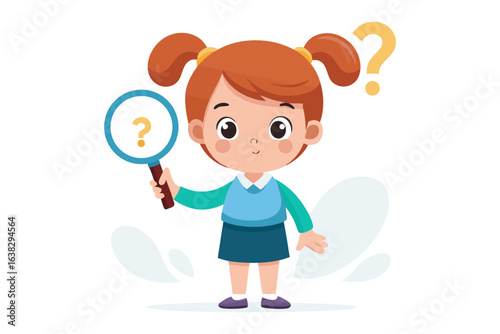 Little Explorer's Question: A curious young girl with a magnifying glass in hand, searching for answers, a playful depiction of inquiry and learning.