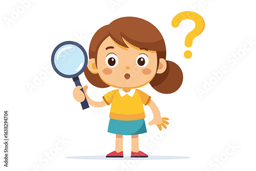Girl with Magnifying Glass and Question Mark: An inquisitive girl, holding a magnifying glass and pondering a question mark, symbolizes curiosity and the quest for knowledge.