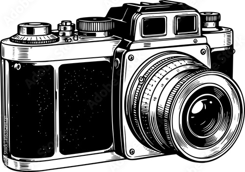 Vintage Camera Engraving: An intricately detailed illustration showcases a classic camera, capturing the essence of photography and its timeless appeal.