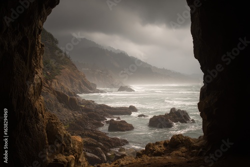 Stormy ocean vista from a cave opening