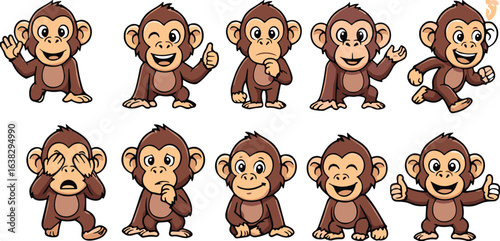 PrintCute cartoon monkey expressions, funny chimp character set, jungle animal clipart, baby monkey illustration, playful primate poses, emotion icons