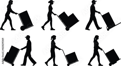 PrintDelivery workers, silhouette push cart, people moving boxes, trolley hand truck, logistics team,