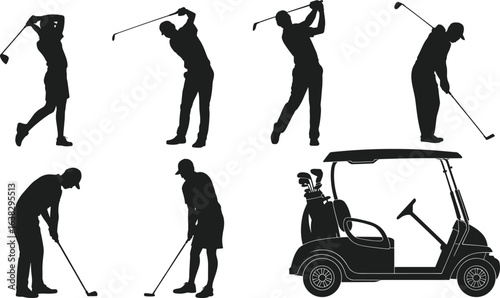 PrintGolf player silhouette, golfer swing, putting stance, sportsman with club, golf cart vector, tee shot pose, golfing action illustration