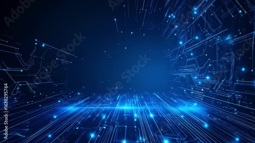 Futuristic Dark-Tech Circuit Board with Glowing Neon Blue Data Lines, Cyberpunk Digital Background for Technology Intros, High-Tech Presentations, and Sci-Fi Video Animations