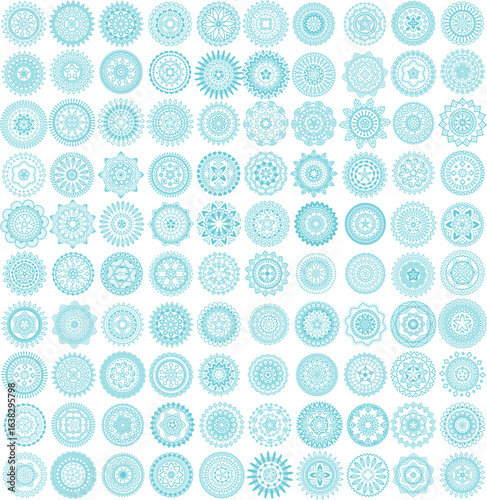 Delicate geometric rosette icons in cyan, arranged in a grid, high detail, thin line work