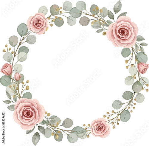 Watercolor wreath of pink roses and eucalyptus leaves, forming a delicate circular frame with a blank center.