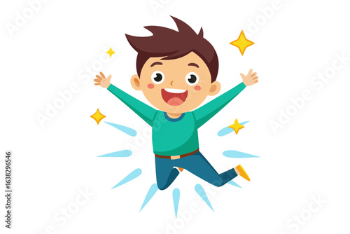 Joyful Leap: An animated boy leaps with unrestrained glee, his arms outstretched, radiating energy and excitement. A pure visual representation of happiness and child-like fun.