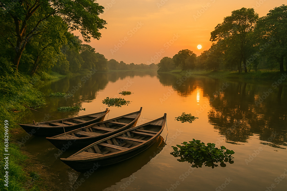 Fototapeta premium Peaceful Sunrise over a Serene River with Traditional Wooden Boats