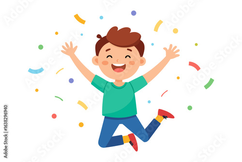 Joyful Little Boy's Celebration: A cheerful boy is filled with joy, arms raised, and confetti scattered. Celebrate childhood happiness, glee, and festivity. 