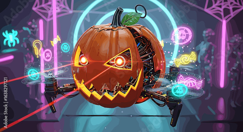 A menacing robotic jack o lantern drone with glowing eyes and intricate internal mechanics hovers in a futuristic neon lit environment with holographic candy and spooky icons