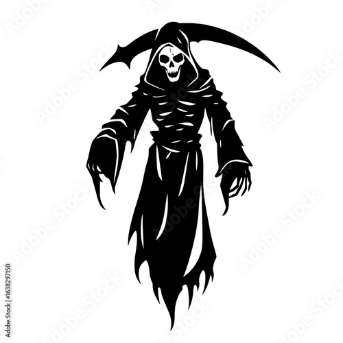 a grim reaper illustration in black and white with a menacing scythe
