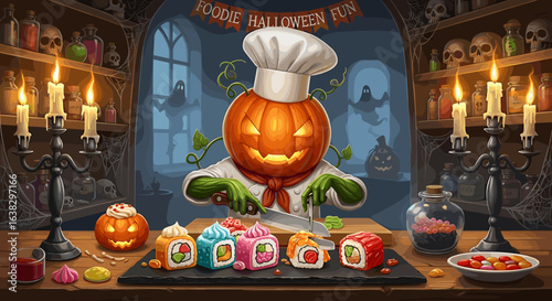 Whimsical halloween chef character a carved pumpkin preparing colorful sushi rolls and decorated pumpkin treats in a spooky kitchen setting
