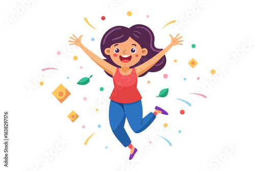 Joyful Leap: A young woman celebrates, captured in an animated style, with radiant energy and an aura of positivity and pure glee.
