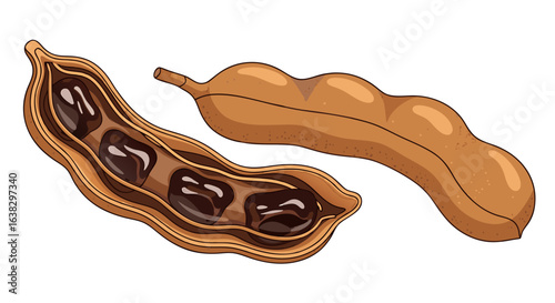 A whole tamarind pod and an opened pod revealing its sweet brown pulp and seeds on a black background