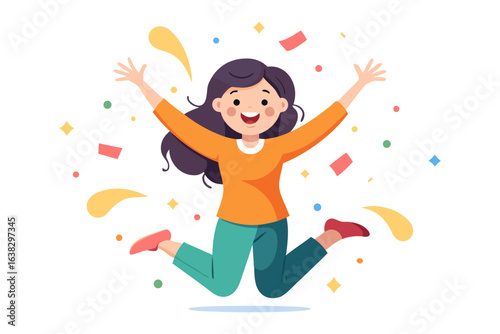 Joyful Leap: A young woman embodies pure elation, leaping with unbounded happiness as vibrant confetti swirls around her, celebrating life's joyous moments.