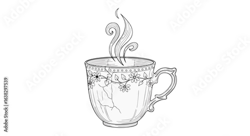 Elegant vintage teacup with delicate floral pattern and swirling steam rising against a stark black background hand drawn sketch style