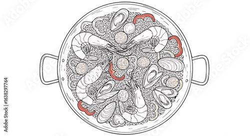 A vibrant top down illustration of a delicious seafood paella dish filled with rice mussels prawns and red pepper slices presented in a traditional pan