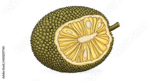 A vibrant illustration of a ripe jackfruit sliced in half revealing its sweet golden flesh and large seeds against a dark background