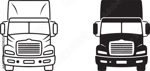 Vector Icon: Semi Truck Sign, Front View, Black and White, Transportation Symbol