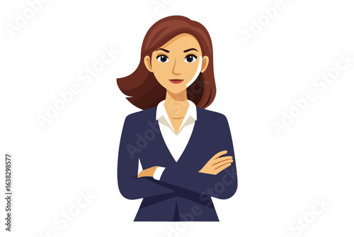 Confident Professional: A poised woman in a smart blazer, her arms crossed with quiet confidence, embodies professional readiness, representing a modern image of poise and capability.