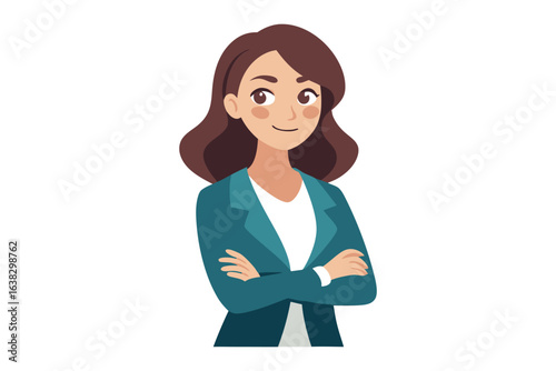Empowered Professional Woman: A confident female professional with arms crossed. She radiates professionalism and approachability. Ideal for illustrating business, career, and leadership concepts.