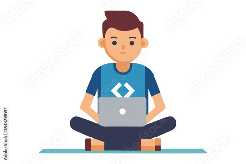 Young Coder at Work: A young coder sits cross-legged, focused on his laptop, immersed in his digital world, embodying the essence of tech innovation and modern work.