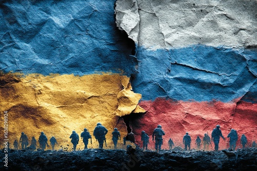 Silhouetted soldiers marching on a torn flag background symbolizing the russia ukraine war conflict