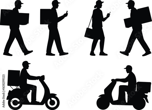 PrintSilhouette of delivery workers, courier riding scooter, food delivery service, parcel transport, logistics job, online shopping, express shipping icon
