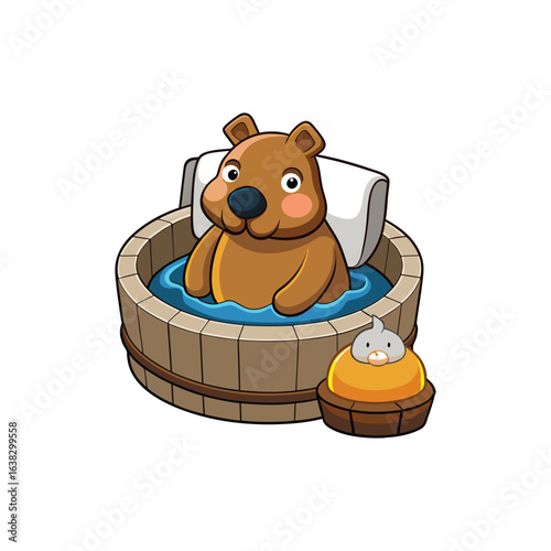 Cute Capybara Relaxing in Wooden Hot Tub Illustration