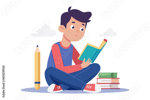 Young reader engrossed in a book: A young student sits cross-legged, deeply absorbed in the pages of a book, his focused expression capturing the essence of learning and imagination.