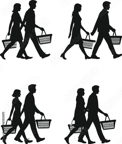 PrintSilhouette shoppers, grocery basket, walking couple, shopping people, supermarket illustration, black vector, holding basket, store buyer, retail customer, lifestyle