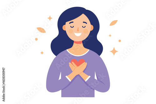 Embracing Self-Love: A woman with a gentle smile embraces her heart, illustrating the importance of compassion, self-care, and positive affirmations.