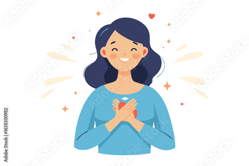 Self-Love Embrace: An illustration showcasing a joyful woman with a heart on her chest. Radiating a sense of inner peace and self-acceptance, highlighting the beauty of positive self-perception.