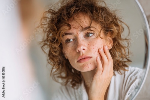Woman with curly hair  acne touches her face gazing at a mirror