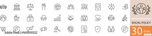  Minimal black line icons representing key elements of social policy such as welfare, equality, public services, education, health, and social justice. Ideal for NGOs, government, and awareness campai