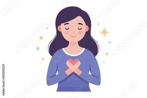 Self-Love Embodied: A serene illustration of a woman, arms gently embracing her heart, radiates peace and contentment, symbolizing self-acceptance and inner tranquility.
