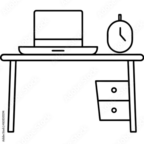 Ultra-clean desk with slim laptop, wireless mouse, and minimal desk clock, flat vector.