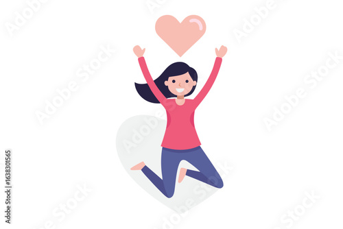 Joyful Leap: A radiant individual leaps with jubilant abandon, her arms raised in a gesture of elation beneath a symbolic heart, exuding pure delight and boundless happiness.