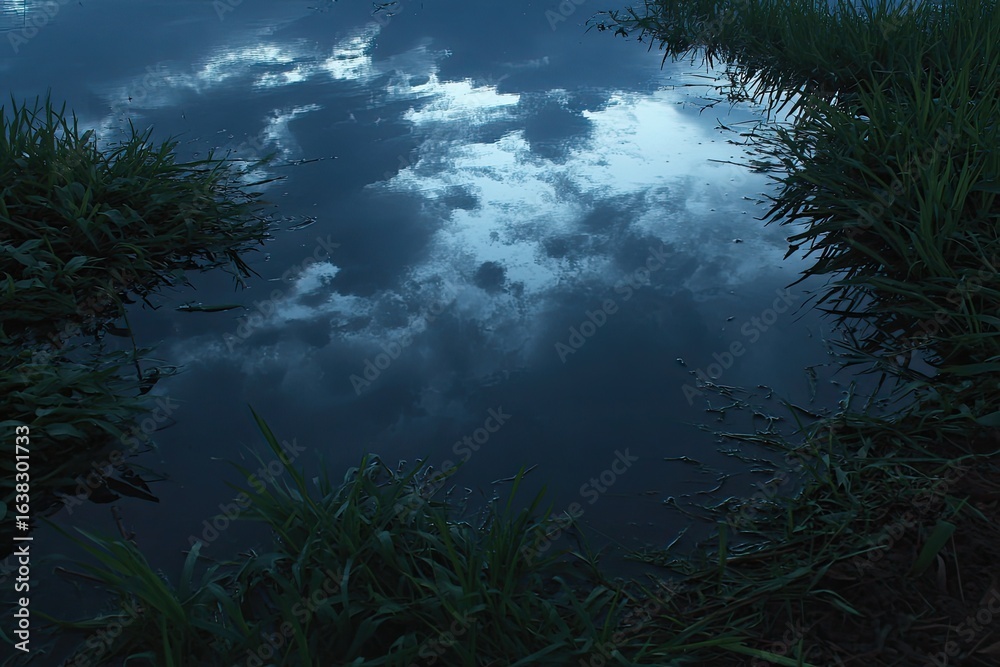 Obraz premium Cloudy sky reflected in still water, framed by foliage
