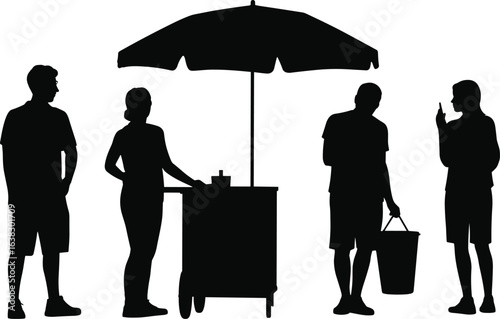 PrintStreet vendor, food cart, umbrella stand, people buying, snack seller, summer market, drink stall, outdoor vendor scene, silhouettes illustration