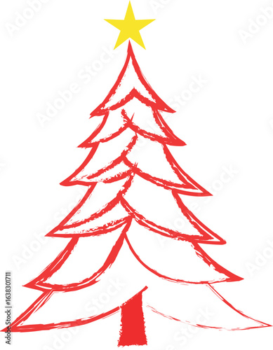 Christmas Tree Vector on white. Red Christmas Tree Painted illustration. Sketch, drawn or painted artistic illustration of a x mas tree. Ribbon Christmas Stylish Tree. Vector can be to any size.