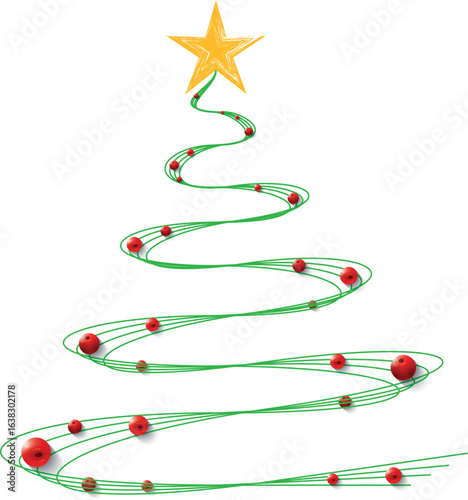 Christmas Tree Vector on white. Red Christmas Tree Painted illustration. Sketch, drawn or painted artistic illustration of a x mas tree. Ribbon Christmas Stylish Tree. Vector can be to any size.