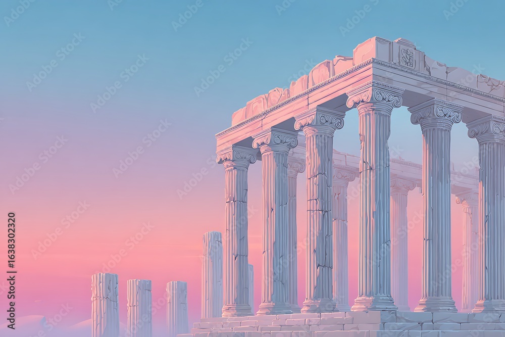 Obraz premium Illustration of ancient ruins of a greek temple at sunset with pastel colors, creating a dreamy and aesthetic atmosphere 4k