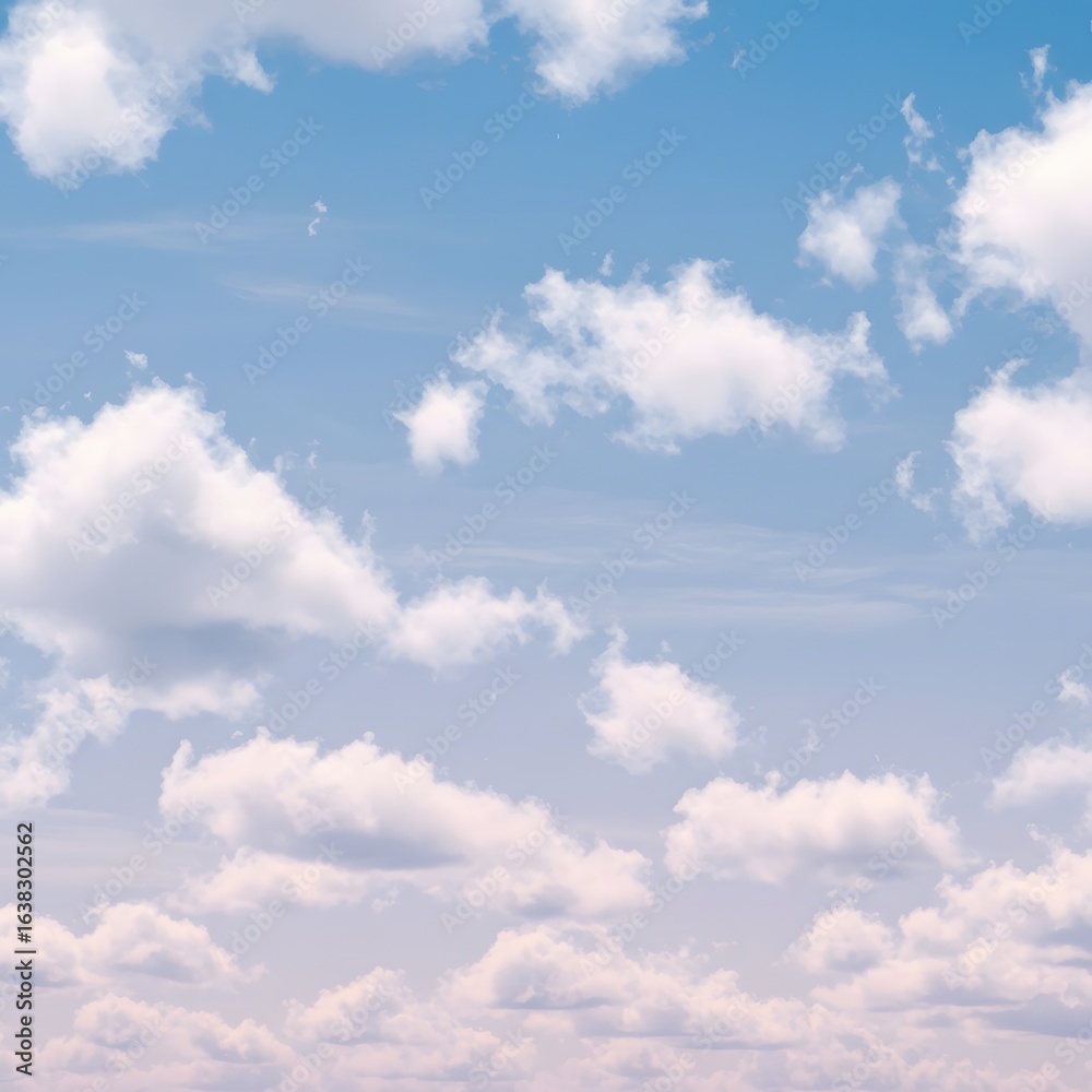 Fototapeta premium Ethereal skyscape featuring soft white cumulus clouds against a gentle blue and pastel pink sky background