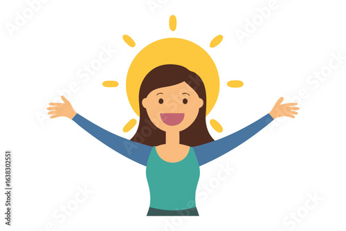 Joyful Embrace of the Day: An animated illustration of a cheerful woman, bathed in the radiant glow of a bright sun, embracing the day with open arms, embodying pure positivity and delight.