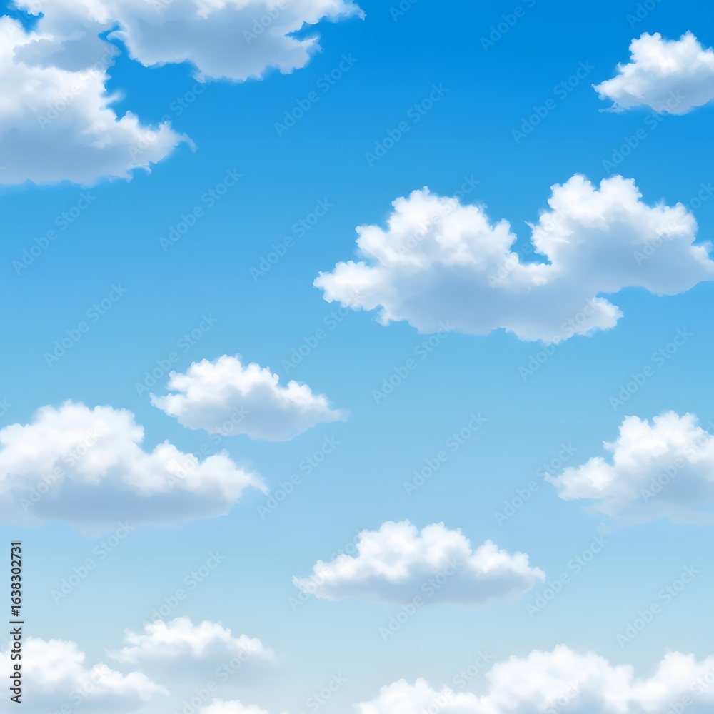 Fototapeta premium Illustrated bright blue sky with fluffy white cumulus clouds on a clear sunny day. A cartoon-style weather background for graphic design.
