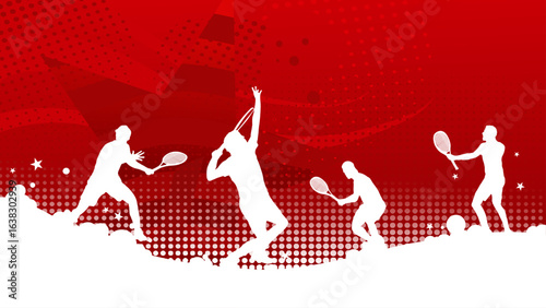Tennis players sport banner, red background with tennis players silhouettes