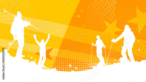 Orange winter sports background banner with skiers silhouettes